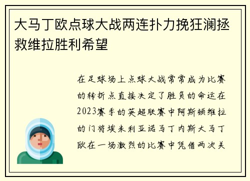 大马丁欧点球大战两连扑力挽狂澜拯救维拉胜利希望
